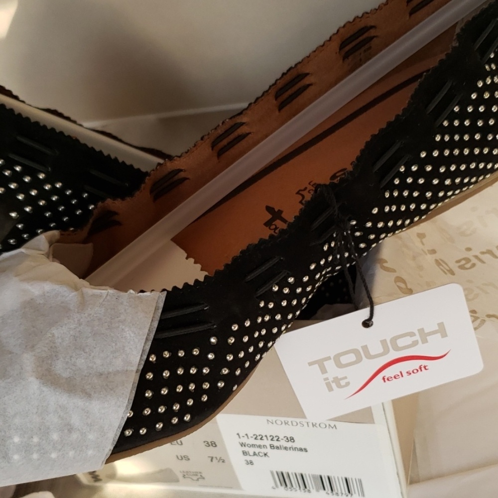 Tamaris NEW Ballerinas Flats Metallic Studs Shoe BLACK Suede Leather Womens 7.5 - Picture 7 of 17